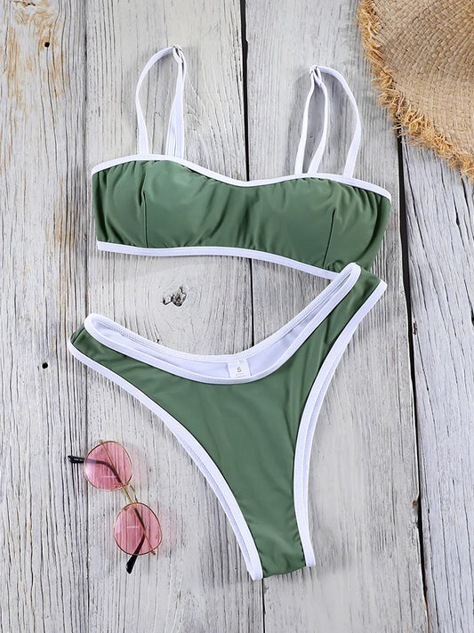 2025 Sexy Bandeau Halter Bikini Set for Women – Green Bandage Low Waist Swimsuit Beachwear