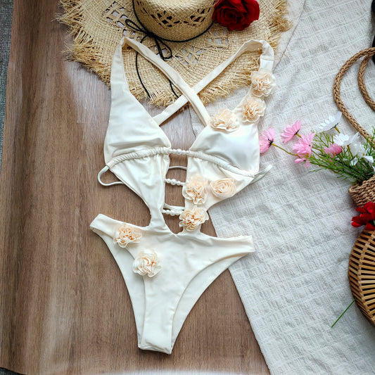 Sexy 3D Flower One-Piece Swimsuit for Women – 2025 Hollow-Out Solid Bodysuit Beachwear