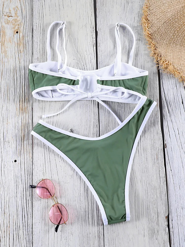 2025 Sexy Bandeau Halter Bikini Set for Women – Green Bandage Low Waist Swimsuit Beachwear